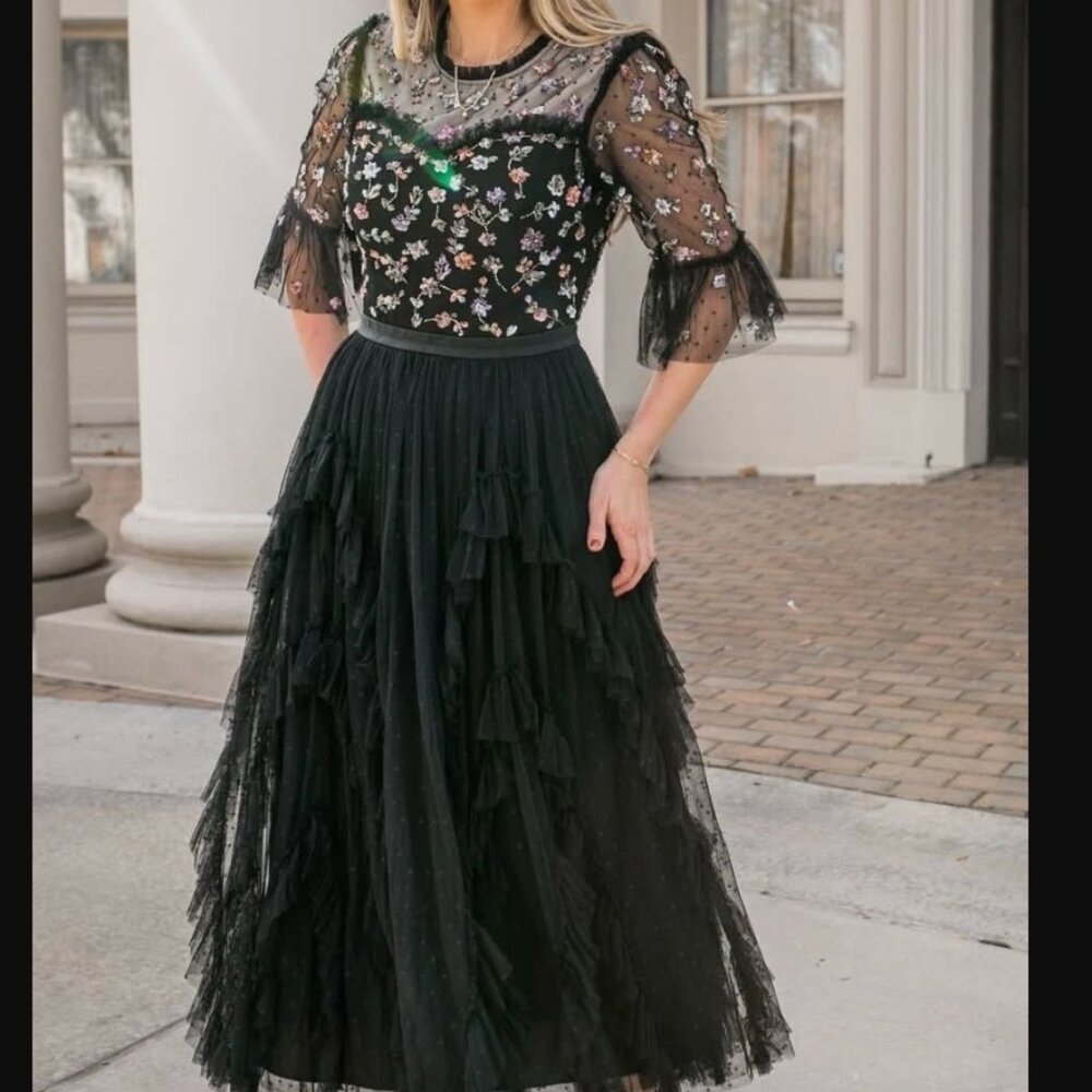 Ivy City Co Paris Dress Black Floral Beaded Embroidered Lace Midi Ruffle, Large